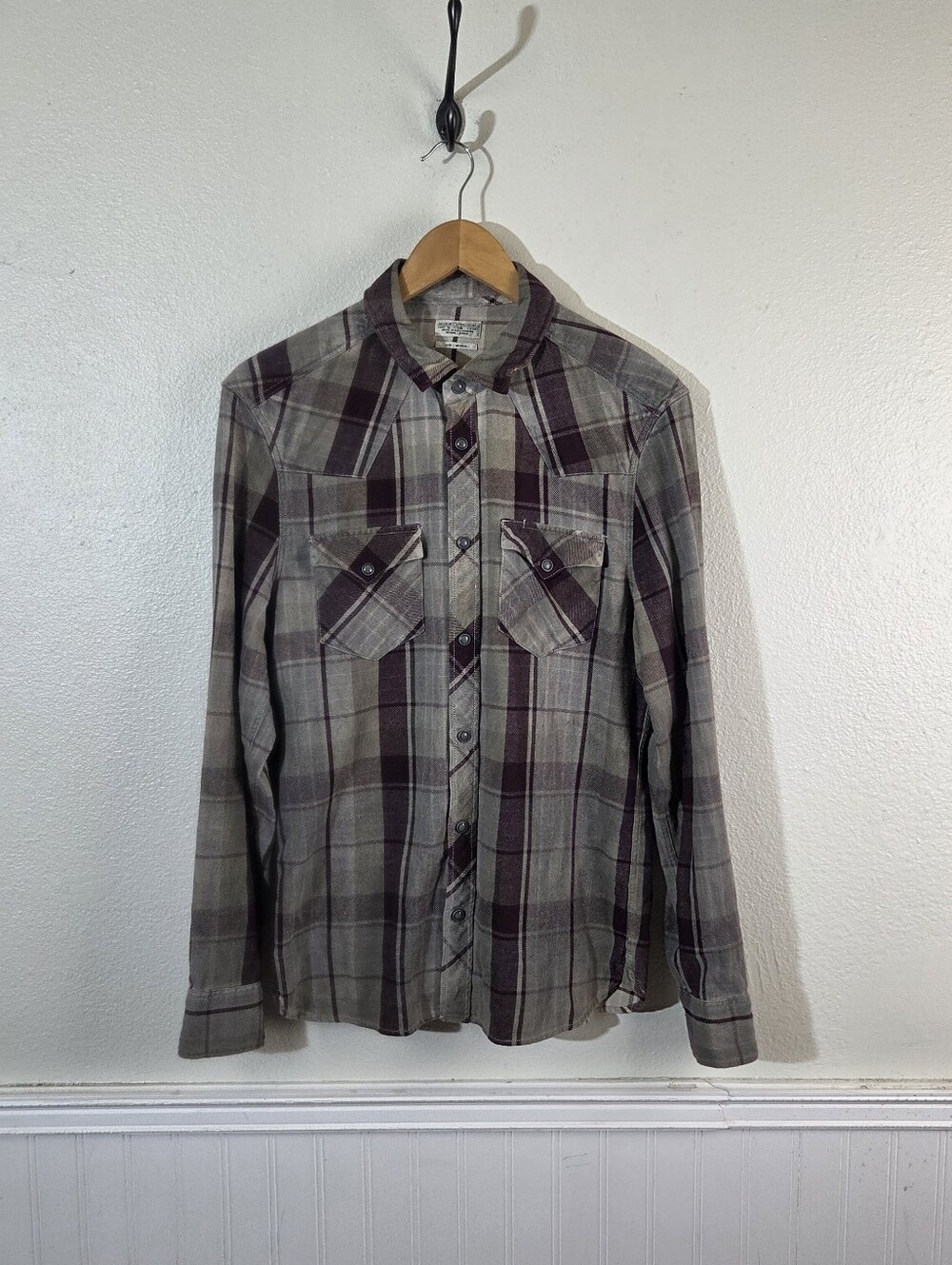 AllSaints Spitalfields Mens M Plaid Snap Button Western Shirt Gray Burgundy